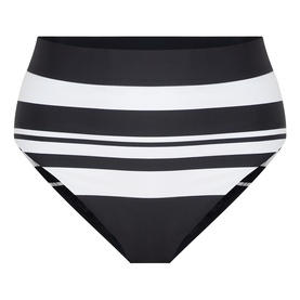 Black and white stripe high-waist bikini bottoms with wide waistband and bold horizontal stripe panel detail