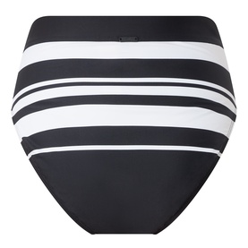 Black and white stripe high-waist bikini bottoms with wide waistband and classic stripe panel detail