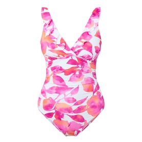 Lauren swimsuit in multi pink and orange floral print, V-neckline with ruched front detail and frill shoulder straps