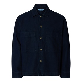 Selected dark blue denim casual shirt with spread collar, chest patch pockets, and brass-tone buttons, laid flat on white background.