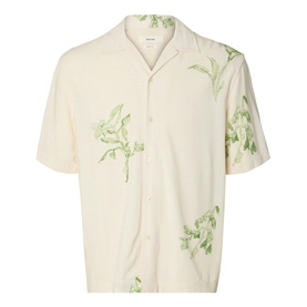Selected Casual Shirt in Egret with short sleeves, camp collar, and green floral botanical print