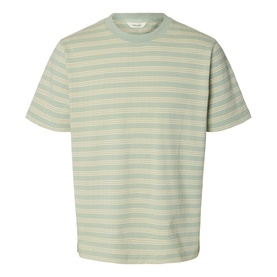 Selected Aqua Gray striped crew neck T-shirt, short sleeves, relaxed fit, horizontal sage and cream stripe pattern