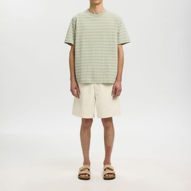 Model wearing Selected Aqua Gray striped crew neck T-shirt with cream shorts and tan sandals