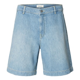 Selected light blue denim shorts with a relaxed fit, button fastening, and turned-up hem. Flat lay product shot.