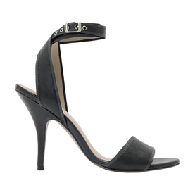 All Saints black leather stiletto sandal with open toe, ankle strap and silver buckle detail, slim high heel