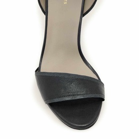 All Saints black leather open-toe heeled sandal with wide toe strap and slim ankle strap detail, top-down view.