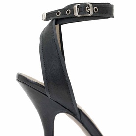 All Saints black leather stiletto heeled sandal with ankle strap, silver buckle and eyelet detail, slim heel