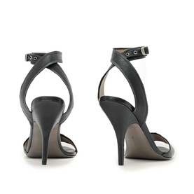 All Saints black leather stiletto heeled sandals, cross-strap toe and buckle ankle strap, slim heel, rear view