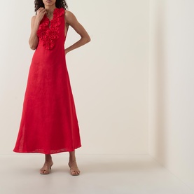 Floral Appliqu&eacute; Linen Dress