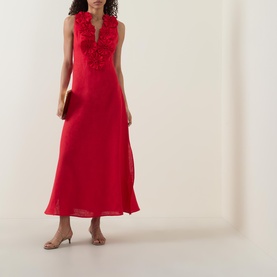 Floral Appliqu&eacute; Linen Dress