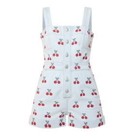 Cherry Embroidered Denim Romper