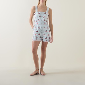 Cherry Embroidered Denim Romper