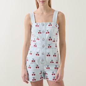 Cherry Embroidered Denim Romper