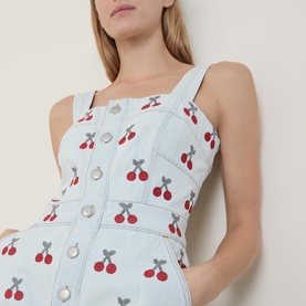 Cherry Embroidered Denim Romper