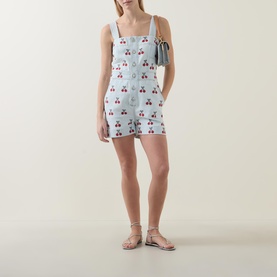 Cherry Embroidered Denim Romper