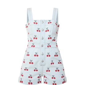 Cherry Embroidered Denim Romper