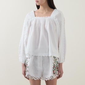 Scalloped Trim Tie Blouse