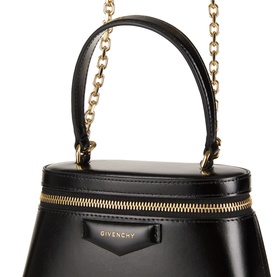 Givenchy Antigona Vanity Crossbody Bag in black smooth calfskin with gold-tone chain strap, top handle, zip closure and pentagonal logo badge