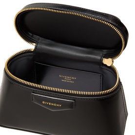 Givenchy Antigona Vanity Crossbody Bag in black smooth leather, open top view showing interior, gold-tone zip and logo badge detail