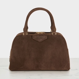 Givenchy Antigona East-West Bowling Bag in Ebony Brown suede calfskin, dual top handles, gold-tone hardware, pentagonal logo badge, two-way zip
