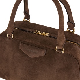 Givenchy Antigona East-West Bowling Bag in ebony brown suede with gold-tone hardware, dual top handles, two-way zip, and pentagonal logo badge