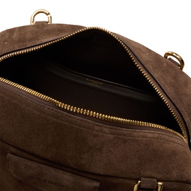Givenchy Antigona East-West Bowling Bag in Ebony Brown suede, open top view showing gold-tone zip hardware and interior compartment