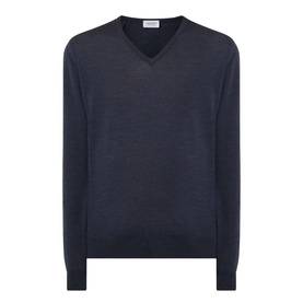 John Smedley Blenheim Extra Fine Knit Sweater in Hepburn smoke, V-neckline, long sleeves, ribbed trims, straight hemline