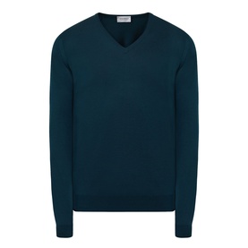 John Smedley Blenheim Extra Fine Knit Sweater in Richardson green, V-neckline, long sleeves, ribbed trims, straight hemline