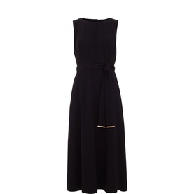 Phase Eight Marta Belted Dress in black, sleeveless midi length with A-line skirt and matching tie belt with gold-tone detail