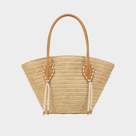 Christian Louboutin woven raffia tote bag in natural multi, tan leather handles, white cord tassel details, structured fan shape
