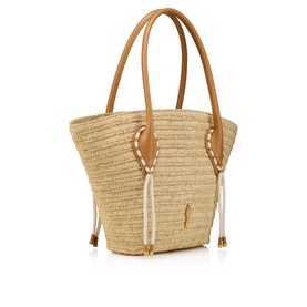 Christian Louboutin woven raffia tote bag with tan leather handles, white rope drawstring detail, and structured basket silhouette