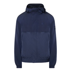 Calvin Klein Jeans Mixed Media Logo Windbreaker in Dark Sapphire, hooded zip-front jacket with mixed-panel design and embroidered logo