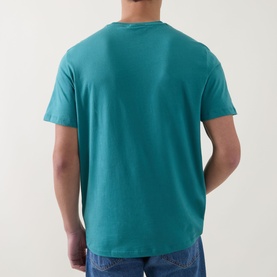 Model wearing Calvin Klein Jeans Logo Badge 30s Classic T-Shirt in North Sea teal, rear view, short sleeves, crew neck, regular fit, styled with blue