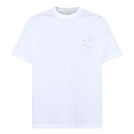 Calvin Klein Jeans Monogram Logo T-Shirt in Bright White, crew neck, short sleeves, tonal CK logo on chest, straight hem