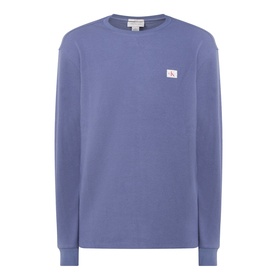 Calvin Klein Jeans Waffle Knit Logo T-Shirt in Blue Nomad, crew neck, long sleeves with ribbed cuffs, chest logo badge