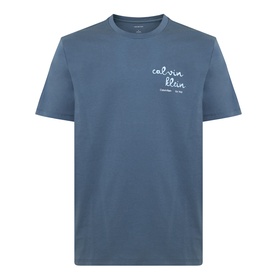 Calvin Klein Jeans Travel Line Logo T-Shirt in Dark Slate, crew neck, short sleeves, cursive logo print on chest