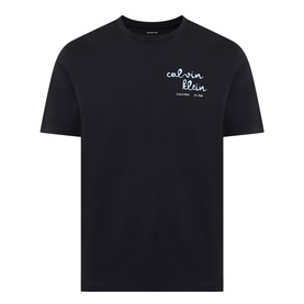 Calvin Klein Jeans Travel Line Logo T-Shirt in black. Crew neck, short sleeves, handwritten logo graphic on chest.