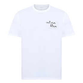 Calvin Klein Jeans Travel Line Logo T-Shirt in Bright White, crew neck, short sleeves, script logo print on chest
