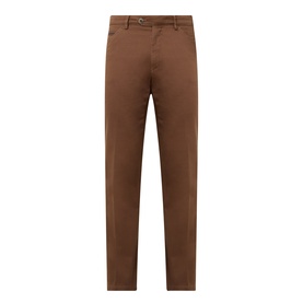 Meyer brown cotton-elastane trousers with belt loops, slash pockets, and a straight-leg fit