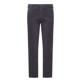 Meyer grey cotton-elastane trousers with five-pocket design, slim straight leg, and belt loops, laid flat