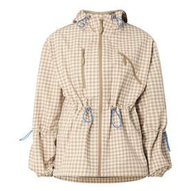 Damson Madder Matilda Waterproof Gingham Raincoat in brown check, fixed hood, zip front, toggle-adjustable waist, blue cord details