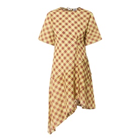 Damson Madder Harmony Gingham Mini Dress in multi, short sleeves, asymmetric hemline, ruffle detail, gingham print