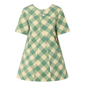 Damson Madder Bridget Reversible Mini Dress in green and cream gingham, short sleeves, A-line silhouette, buttoned tab detail, mini length