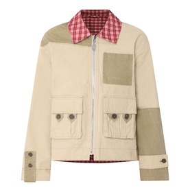 Damson Madder Marcelle Reversible Barn Jacket in multi, beige side showing patchwork detail, red gingham collar, zip fastening, patch pockets