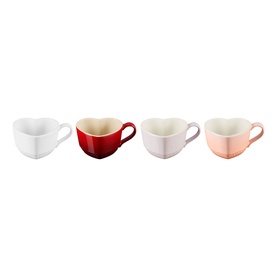 Le Creuset Stoneware Heart Mug 220ml Set of Four in white, red, cream and pink, heart-shaped stoneware with looped handles