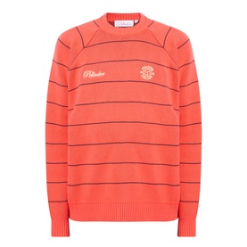 Pellador Stripe Logo Sweater in red with navy stripes, crew neck, ribbed trims, embroidered script and football logo details