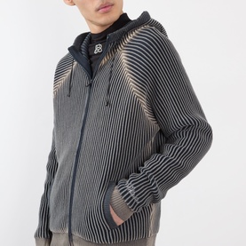 Model wearing Pellador Rib Knit Hoodie in grey, featuring stripe texture, zip fastening, hood with drawstring, and logo embroidery at sleeve.