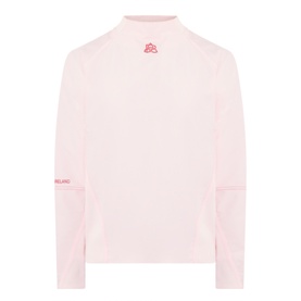 Pellador Logo Mesh Football Training Top in pink with high ribbed neckline, long sleeves, embroidered logo, and contrast stitch detailing.