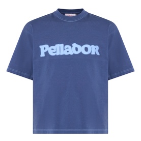 Pellador Roundstone Logo T-Shirt in navy with light blue logo print, round neckline, short sleeves, and straight hemline.
