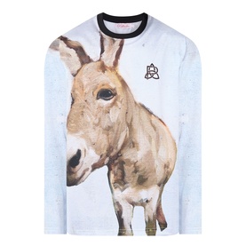 Pellador Donkey Paint Graphic Long-Sleeved T-Shirt in print, featuring large donkey artwork, logo motif, and round neck